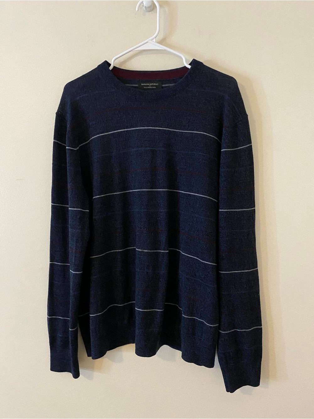 Banana Republic Merino Wool Navy Crewneck Sweater with Thin Gray Stripes